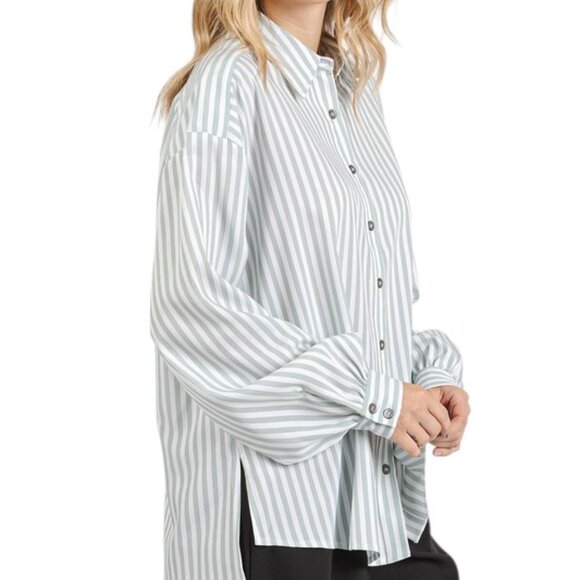 Button Down Nautical Coastal Striped Long Sleeve Shirt - Picture 4 of 4